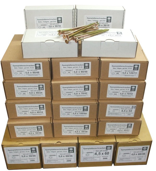 20 Pak. Torx Spanplattenschrauben 3,0x30 bis 5,0x120, gelb verz.