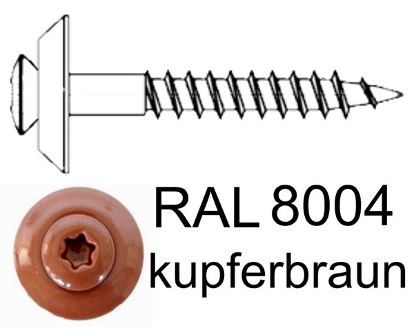 100 Stck Spenglerschrauben 4,5 x 25 Edelstahl A2 - kupferbraun RAL 8004 - D15 Torx