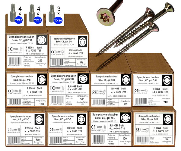 4800 tlg. Handwerkerpaket Torx Spanplattenschrauben  4x30 - 6x120 mm inkl. Bits