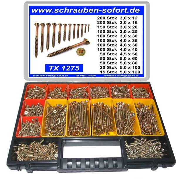 1275 Torx Spanplattenschrauben Sortiment 3,0x 12 bis 5,0x120 im Koffer + Bits